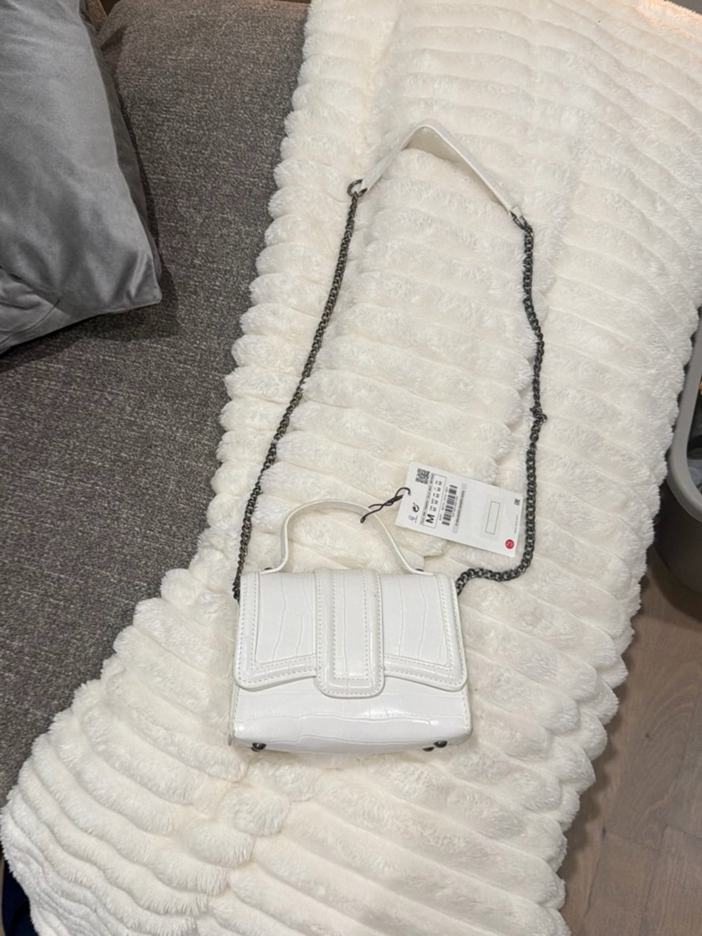 Zara White Croc-Embossed Chain Crossbody Bag